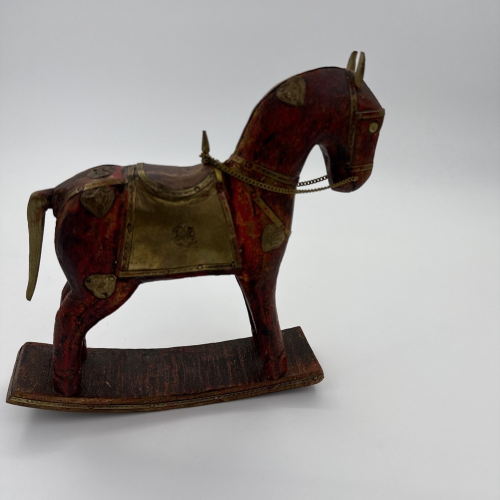 Vintage Indian Folk‎ Art Rocking Horse Handcrafted Wood W Brass & Copper